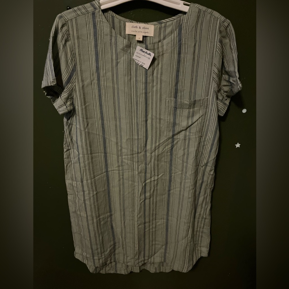 CLOTH & STONE Rayon Linen Striped Shirt Dress Button Back Hi Low Green